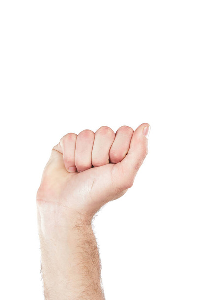 Sign language, fist and hand of a person for communication isolated on a white background in a studio. Zoom, countdown and fingers of a person to show numbers with a hand gesture on a backdrop. - Photo, image
