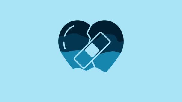 Blue Healed broken heart or divorce icon isolated on blue background. Shattered and patched heart. Love symbol. Valentines day. 4K Video motion graphic animation . - Záběry, video