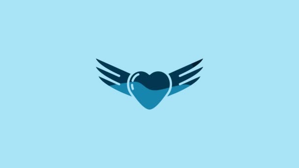 Blue Heart with wings icon isolated on blue background. Love symbol. Valentines day. 4K Video motion graphic animation . - Video