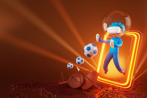 3d boy cartoon character within football action and VR glasses metaverse. 3d illustration. ball object rendering. fitness exercise workout. copy space background. kick action. competition game - Fotografie, Obrázek