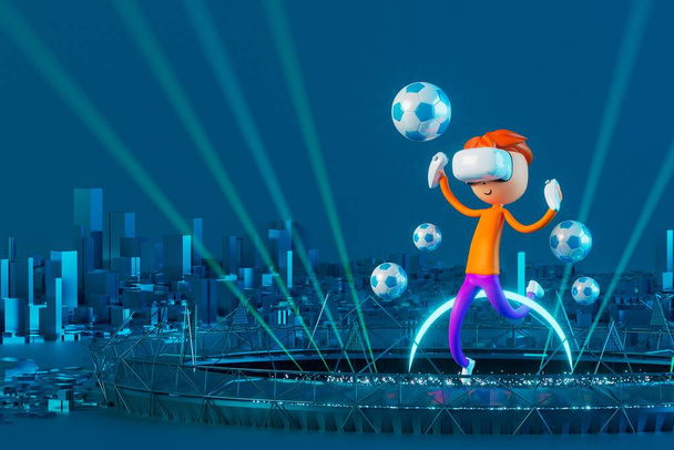 3d boy cartoon character within football action and VR glasses metaverse. 3d illustration. ball object rendering. fitness exercise workout. copy space background. kick action. competition game - Photo, image