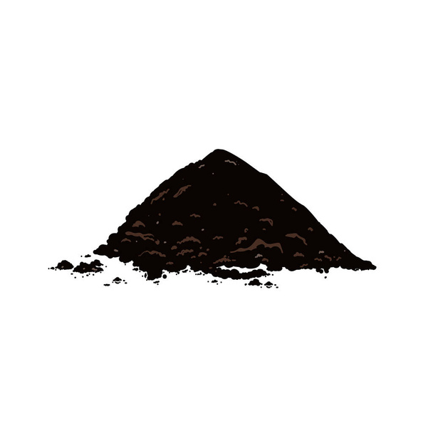 Black soil pile, dirt or humus mound in front view isolated on white background. Flat vector realistic illustration of heaps of organic ground, topsoil or peat. - Vector, Image