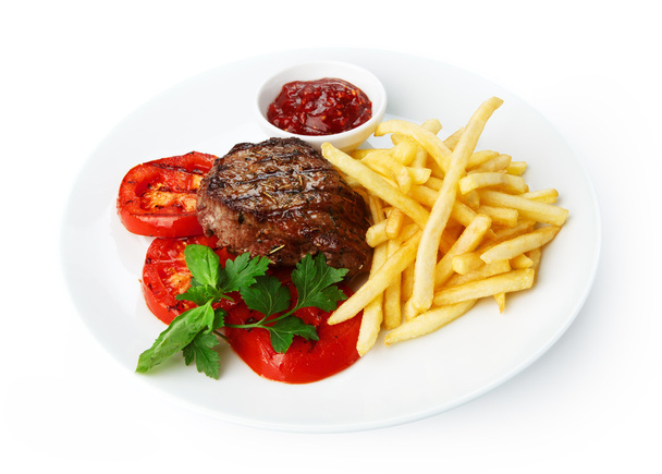 Restaurant food isolated - beef grilled steak with french fries - Photo, Image