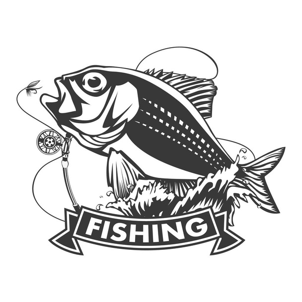 Красный шмель с удочками и логотипом рыбалки океанских волн на белой иллюстрации
.  - Вектор,изображение