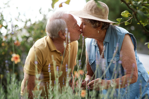 Slow motion with you, forevermore. an elderly couple sharing a kiss in their backyard - Foto, Imagen