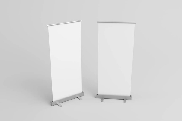 Clear rollup banner design mock up. Empty roller sign board template stand.3d illustration - Foto, afbeelding