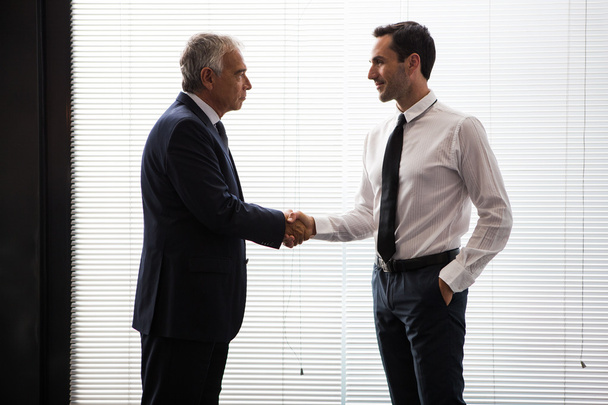 Puolituntinen muotokuva kahdesta liikemiehestä seisomassa ja kättelemässä
 - Valokuva, kuva