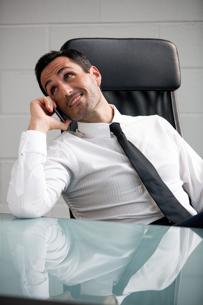 Портрет мужчины-бизнесмена в офисе, разговаривающего по телефону
 - Фото, изображение