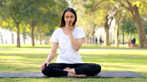 Индийская девушка йоги делает Пранаям и йогу и медитацию в парке утром - Кадры, видео