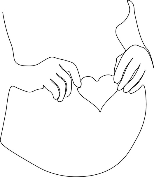 A pregnant woman holds a symbol in the shape of a heart in her palms. A loving mother is expecting a child. The concept of motherhood, parenting, preparation and expectation.One line illustration - Photo, image