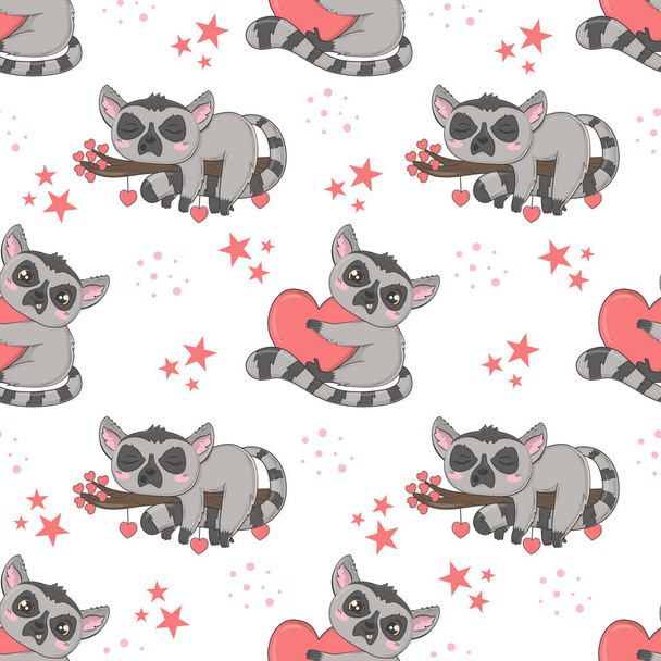 Seamless pattern with cute lemurs for Valentine's Day in cartoon style for kids, children's books and games, print. - Vettoriali, immagini