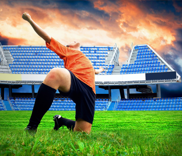 Happiness football player after goal on the field of stadium und - 写真・画像
