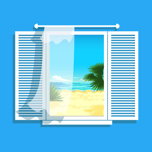 Seascape in the window. Vector illustration of an open window overlooking a tropical beach. Summer holidays and travel. - Vektor, obrázek