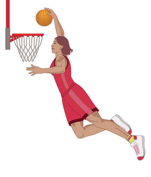 basketball player female jumping for a slam dunk isolated on a white background - Vektor, kép