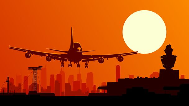 Illustration vectorielle de l'aéroport avec avion volant
. - Vecteur, image