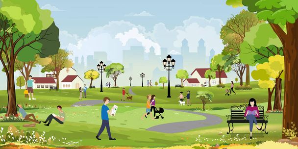 Spring City park scenery landscape, family having fun in the Morning,Vector cartoon lifestyle People relaxing in beautiful nature at urban Park,CityScape with people doing outdoors activity in Summer - Vector, Imagen