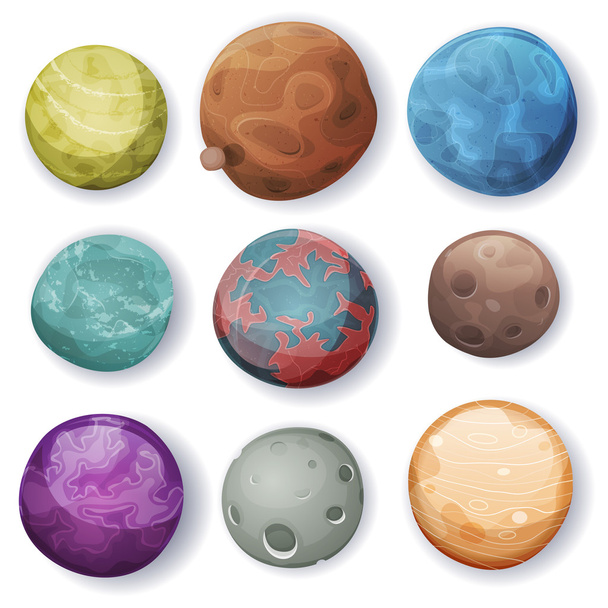 Comic Planets And Space Asteroids Set - Vector, Image
