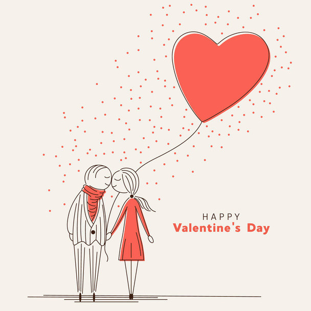 Cartoon Cute Couple in Love with Heart Shape Balloon, Doodle Style. Vector Illustration, Freeting Card. Black, White and Red Colors. Kissing Couple, Valentines Day Concept. - Wektor, obraz