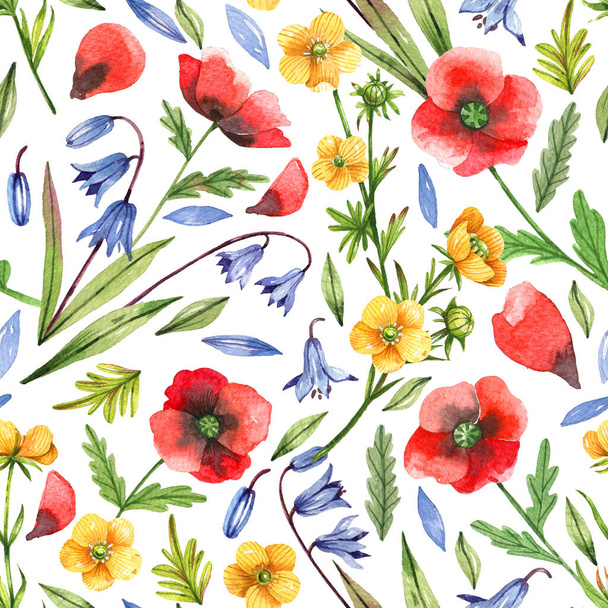 Watercolor hand painted seamless pattern with wild fowers, poppy, bells, buttercups. Floral rustic background. Floral illustration for wrapping paper, textile, decorations. - Foto, imagen