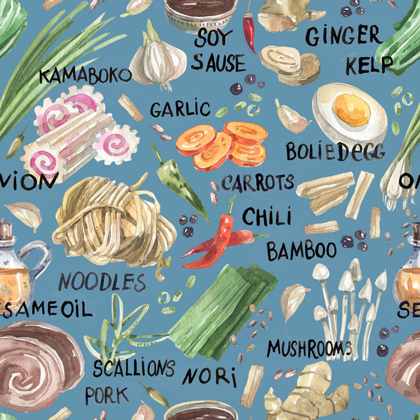 Ingredients for traditional Asian soup seamless watercolor pattern. Ramen ingredients with captions seamless pattern in sketch style. Texture for menus, cafes, restaurants, street food  - Foto, imagen