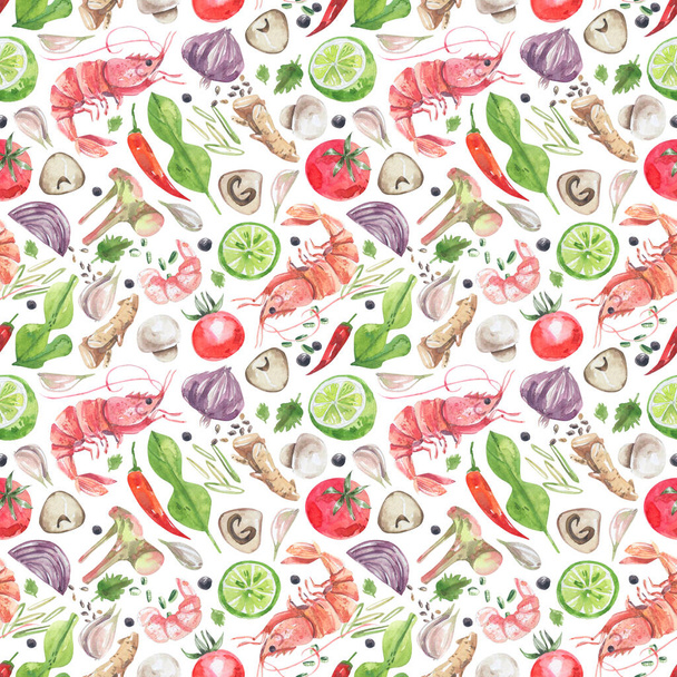 Traditional Thai cuisine ingredients seamless pattern. Watercolor illustration of shrimp, chili pepper, onion, garlic, vegetables background. - 写真・画像