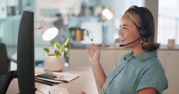 CRM, customer service or woman wave on video call for telemarketing, support or communication. Sales advisor, call center or girl employee for contact us, sales consulting or B2B customer support. - Footage, Video