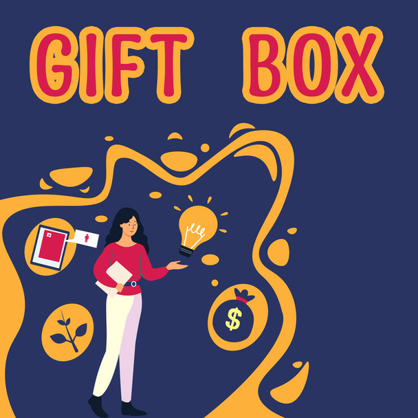 Handschrift-Text-Geschenkbox, Internet-Konzept Ein kleiner Münzpräger mit Designs, die Geschenke handhaben können - Foto, Bild