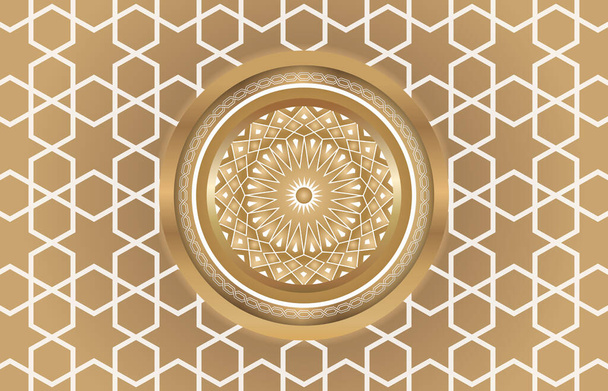 Золотисто-желтый роскошный потолок дворца. геометрический фон в стиле ислама с круглым орнаментом посередине. - Фото, изображение