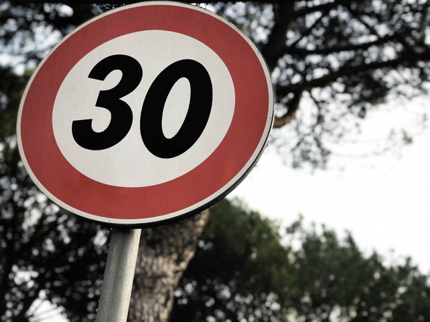 Speed limit sign 30 kmh with trees and sky background - Valokuva, kuva