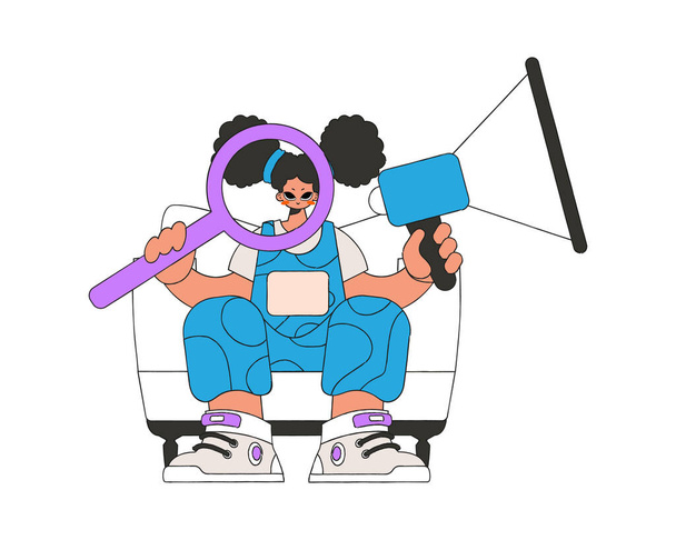 Attractive girl sits in a chair and holds a megaphone in her hand. Good for job search topics. - Vector, Image