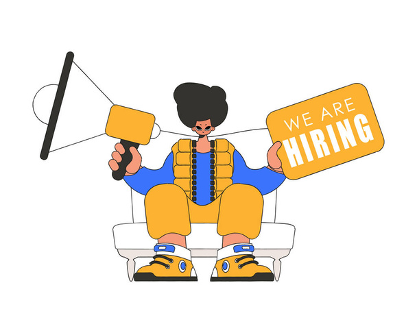A young guy sits in a chair and holds a megaphone. Good for job search topics. - Vecteur, image