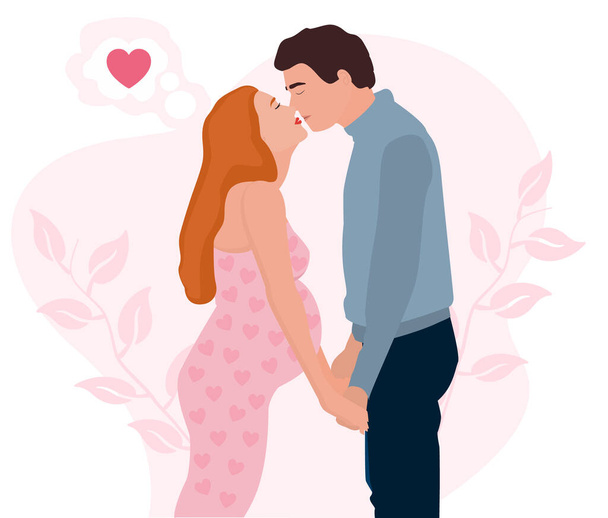 Vector illustration of a couple in love of a pregnant woman and her beloved man on a pink background with monochrome leaves and heart.Drawings for cards, postcards, greetings and posters. - Vector, afbeelding