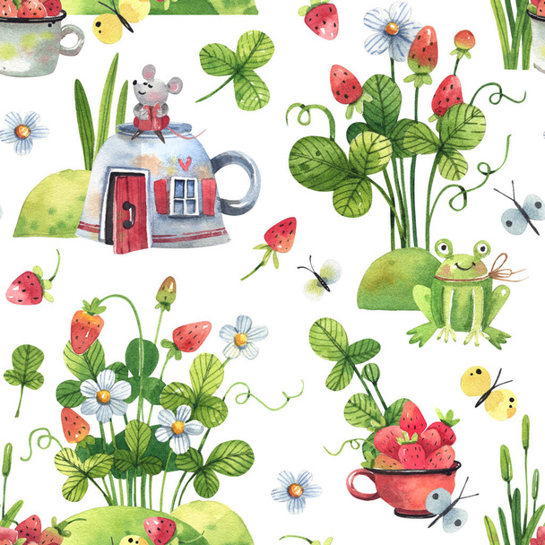 Watercolor seamless pattern with strawberries, flowers, fairy houses, butterflies in cartoon style. Cute cartoon background with garden plants, frog, mouse, berries and flowers. Spring, summer, kids - Foto, Bild