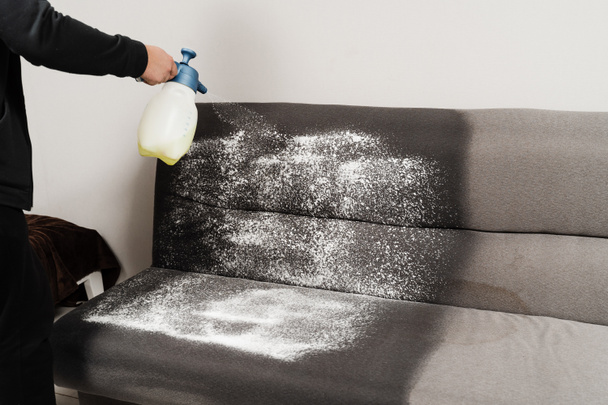 Распыление моющего средства на диван для химчистки с помощью экстрактора машины. Процесс химчистки для удаления пятен и грязи с дивана дома. Профессиональное обслуживание - Фото, изображение