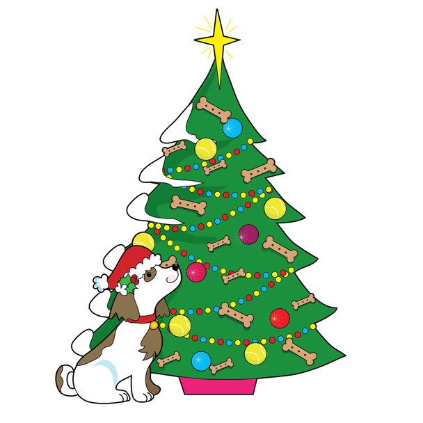 A spotted dog looks up at a Christmas tree - Vector, Image