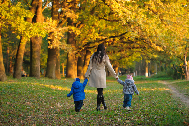 mãe com filhos gêmeos em um passeio no parque de outono
 - Foto, Imagem