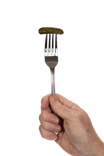 Pickle Speared With Fork Hand - Photo, Image