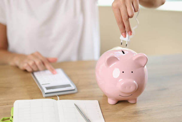 Woman connects electric plug to piggy bank and counting money on calculator. Concept of beginning of saving money and energy. - Φωτογραφία, εικόνα