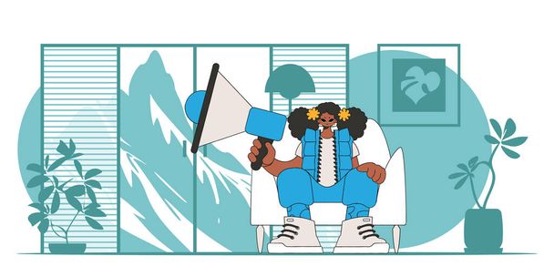 Stylized vector illustration of a HR representative. A young girl sits in a chair and holds a megaphone in his hand. - Vektör, Görsel