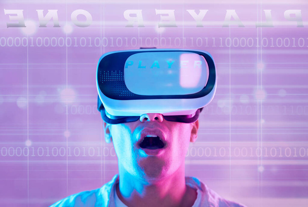 Wow, futuristic and man in virtual reality metaverse gaming on 3d technology. Surprise, neon and male player exploring vr cyber world, ux or simulation with binary numbers, data and ai information - Fotoğraf, Görsel