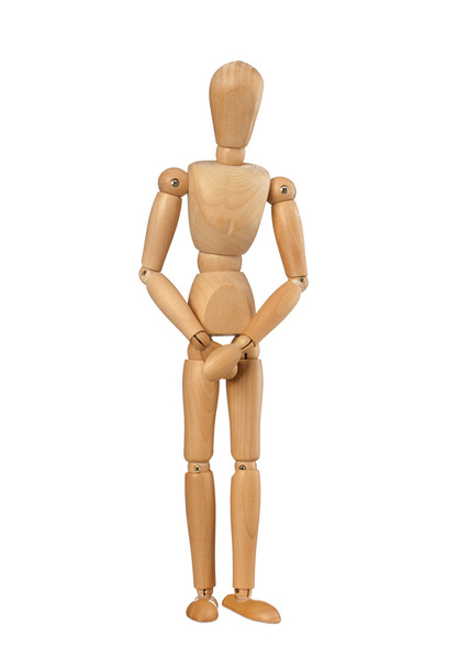 Wooden dummy covers his private parts with his hands. - 写真・画像