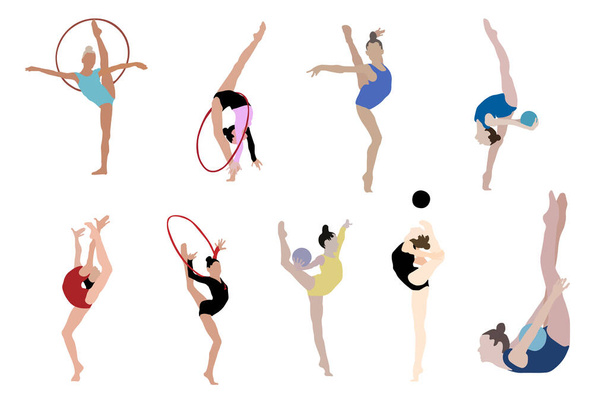 A set of silhouettes of gymnasts with different objects - Vector, Image