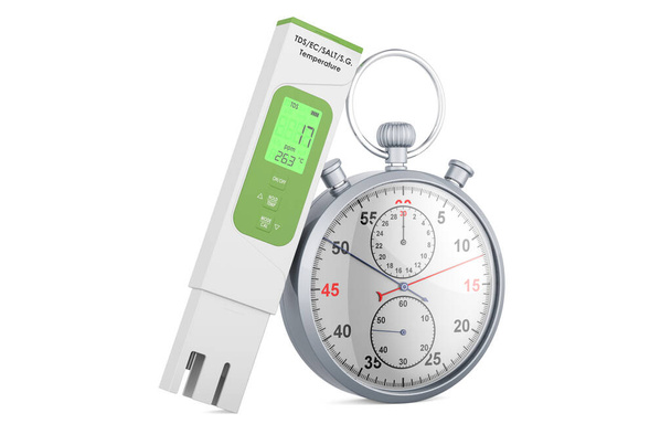 TDS meter with stopwatch. 3D rendering isolated on white background - Photo, Image