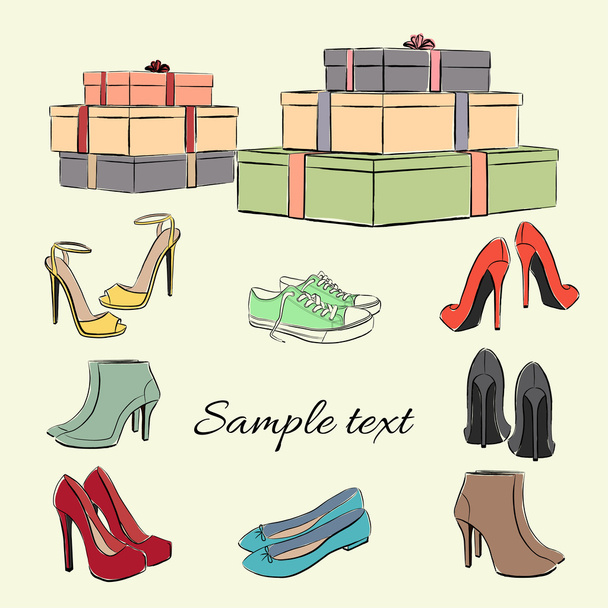 Различные модные цветные ботинки и коробки
 - Вектор,изображение