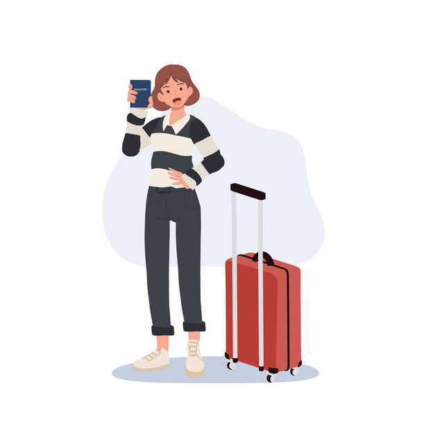 Концепция путешествия, В аэропорту, иммиграция. Женщина с багажом в аэропорту показывает свой паспорт. Плоская векторная иллюстрация - Вектор,изображение