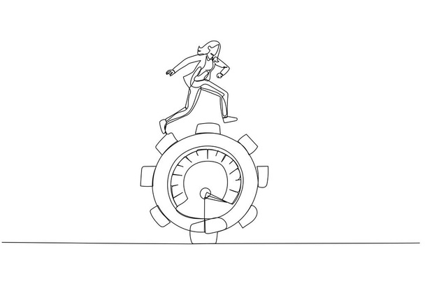 Cartoon of businesswoman running at gear cogwheel metaphor of productivity and motivation. Continuous line art style - Vettoriali, immagini