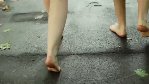 2 άτομα να περπατάτε ξυπόλητοι στο βρεγμένο οδόστρωμα το φθινόπωρο. Κινηματογράφηση σε πρώτο πλάνο τα πόδια - Πλάνα, βίντεο