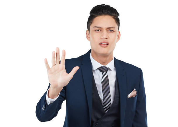 Businessman, anger face and stop hands for safety warning, wait and forbidden gesture isolated in white background. Man, corporate angry portrait and employee pause hand or body standing in studio. - Φωτογραφία, εικόνα