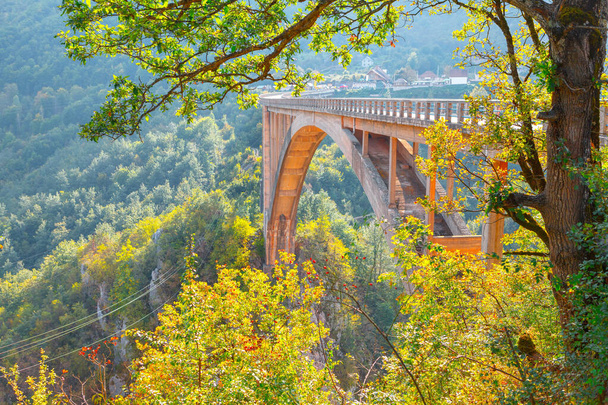 Arch Bridge Over Mountain Canyon . Durdevica Tara bridge in Montenegro  - Foto, imagen