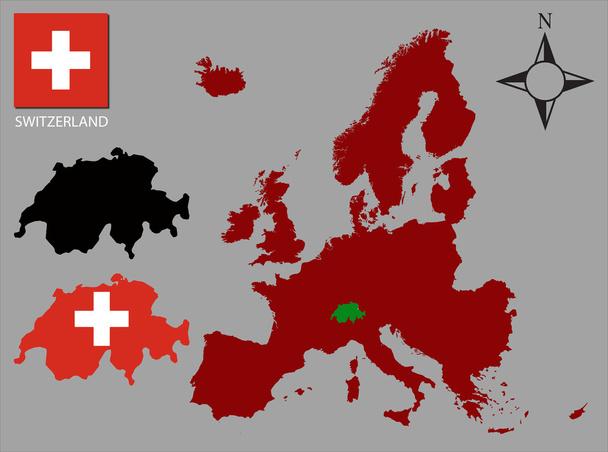 Suíça - Dois contornos, Mapa da Europa e vetor de bandeira
 - Vetor, Imagem
